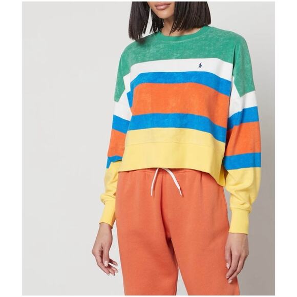 Polo Ralph Lauren Tops - Polo Ralph Lauren Women’s M NWT Cotton Terry Stripe Sweatshirt Cropped Pullover